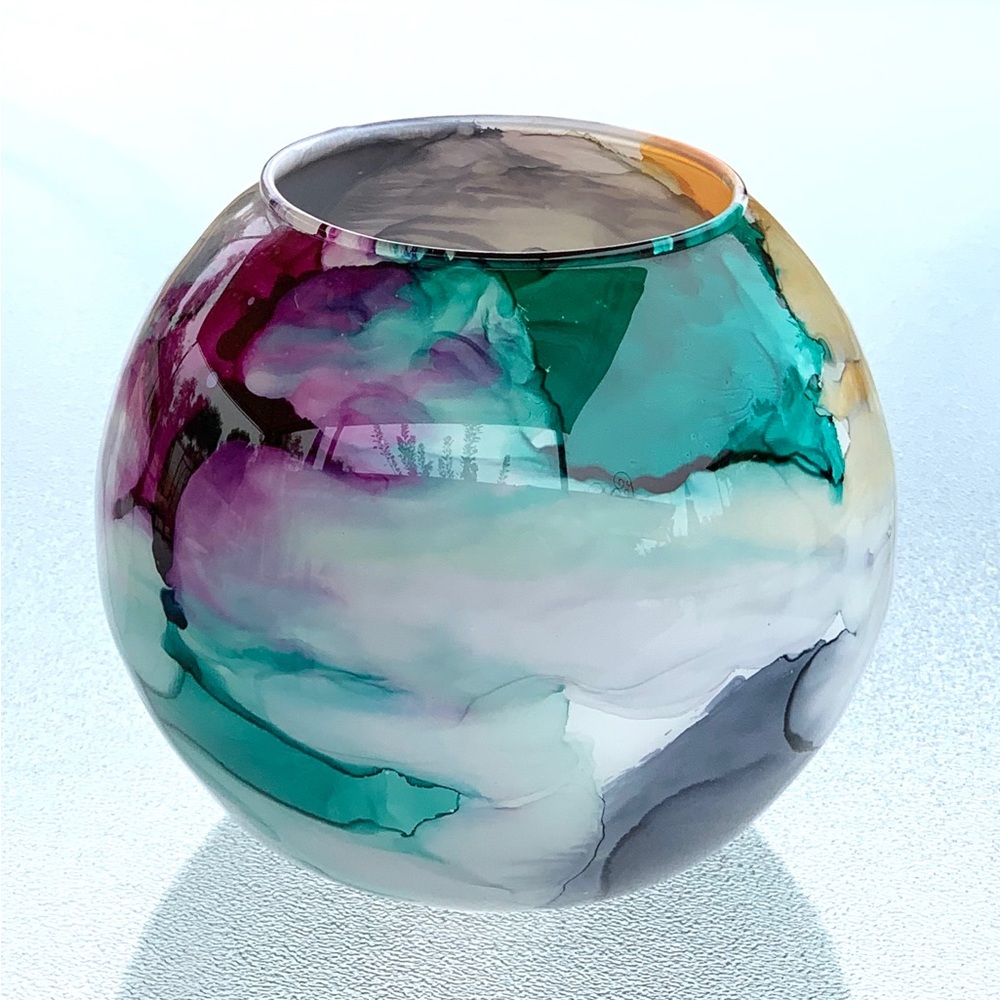 Artistic Watercolor Round Fish Bowl-Shaped Glass Vase, Vintage - Picture 2 of 6